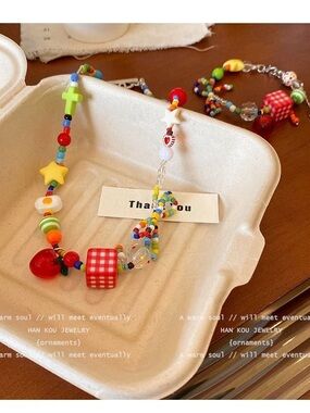 Y2K Colorful Beaded Necklace with Cherry & Gingham Cube